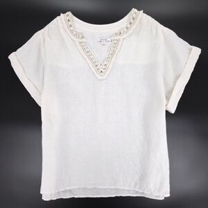 CHICOS 100% Linen Embellished Neck Top Beaded Fringe Boho Minimal Resort Tunic